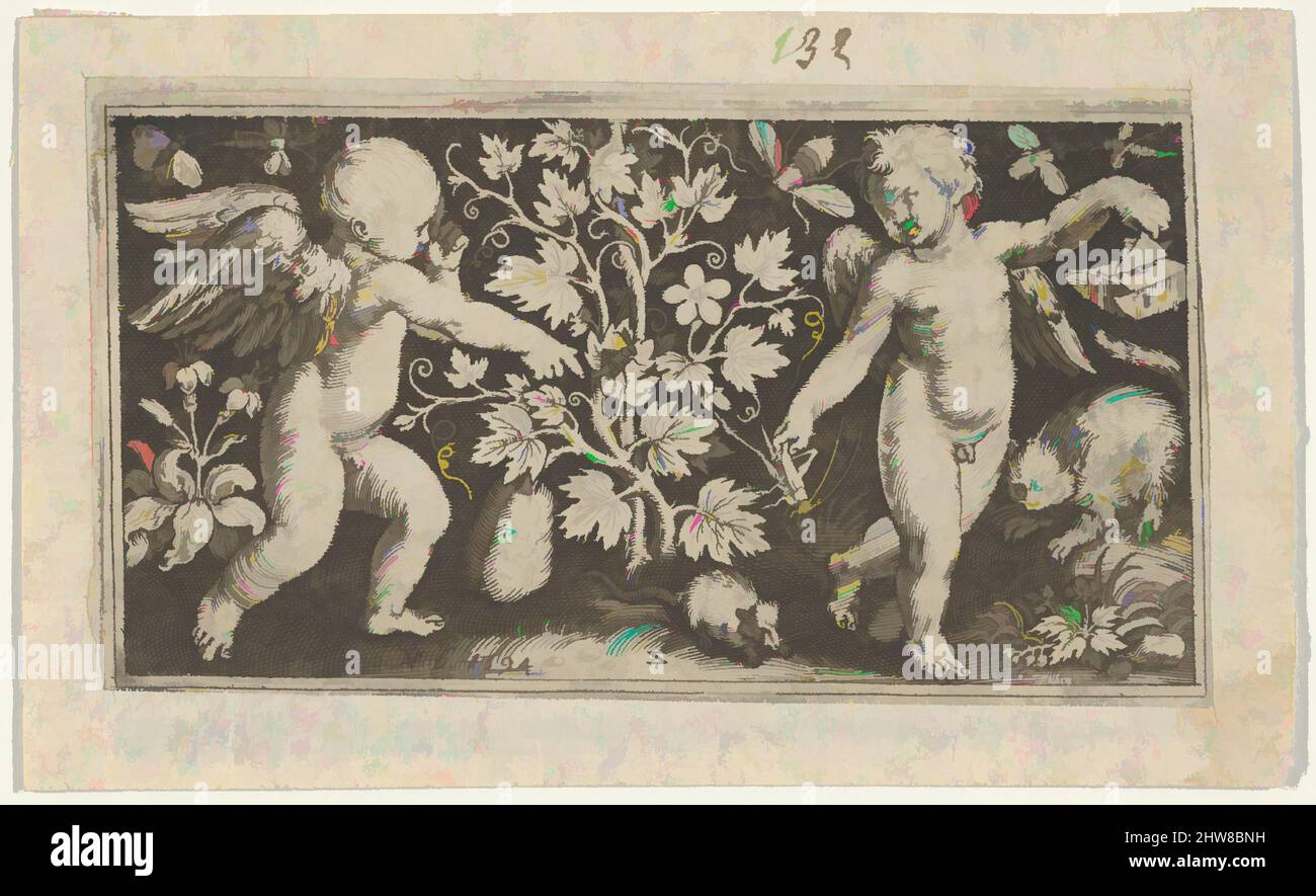 Kunst inspiriert von zwei Genien mit einer Katze und einer Ratte, 1594, Gravur, Blatt: 2 3/8 × 3 7/8 Zoll (6 × 9,8 cm), Nicolaes de Bruyn (Niederlandisch, Antwerpen 1571–1656 Rotterdam), zwei Putten gegen eine Landschaft mit einer Pflanze, die ein Zentrum und eine Ratte darunter wächst. Rechts ein Putto mit einer Heuschrecke, klassische Werke, die von Artotop mit einem Schuss Modernität modernisiert wurden. Formen, Farbe und Wert, auffällige visuelle Wirkung auf Kunst. Emotionen durch Freiheit von Kunstwerken auf zeitgemäße Weise. Eine zeitlose Botschaft, die eine wild kreative neue Richtung verfolgt. Künstler, die sich dem digitalen Medium zuwenden und die Artotop NFT erschaffen Stockfoto