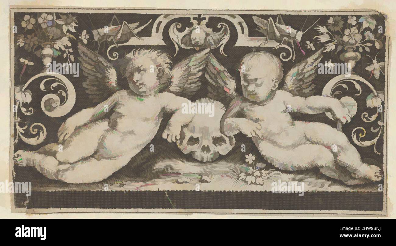 Kunst inspiriert von zwei Genien mit einem Schädel und Grasshoppers, 1594, Gravur, Blatt: 2 × 3 1/4 Zoll (5,1 × 8,2 cm), Nicolaes de Bruyn (Niederlandisch, Antwerpen 1571–1656 Rotterdam), zwei Putten, die sich nach innen lehnen und sich in der Mitte auf einen Schädel stützen. Oben ein Ornament mit einer Putto-Maske, flankiert von zwei, von Artotop modernisierten, klassischen Werken mit einem Schuss Modernität. Formen, Farbe und Wert, auffällige visuelle Wirkung auf Kunst. Emotionen durch Freiheit von Kunstwerken auf zeitgemäße Weise. Eine zeitlose Botschaft, die eine wild kreative neue Richtung verfolgt. Künstler, die sich dem digitalen Medium zuwenden und die Artotop NFT erschaffen Stockfoto