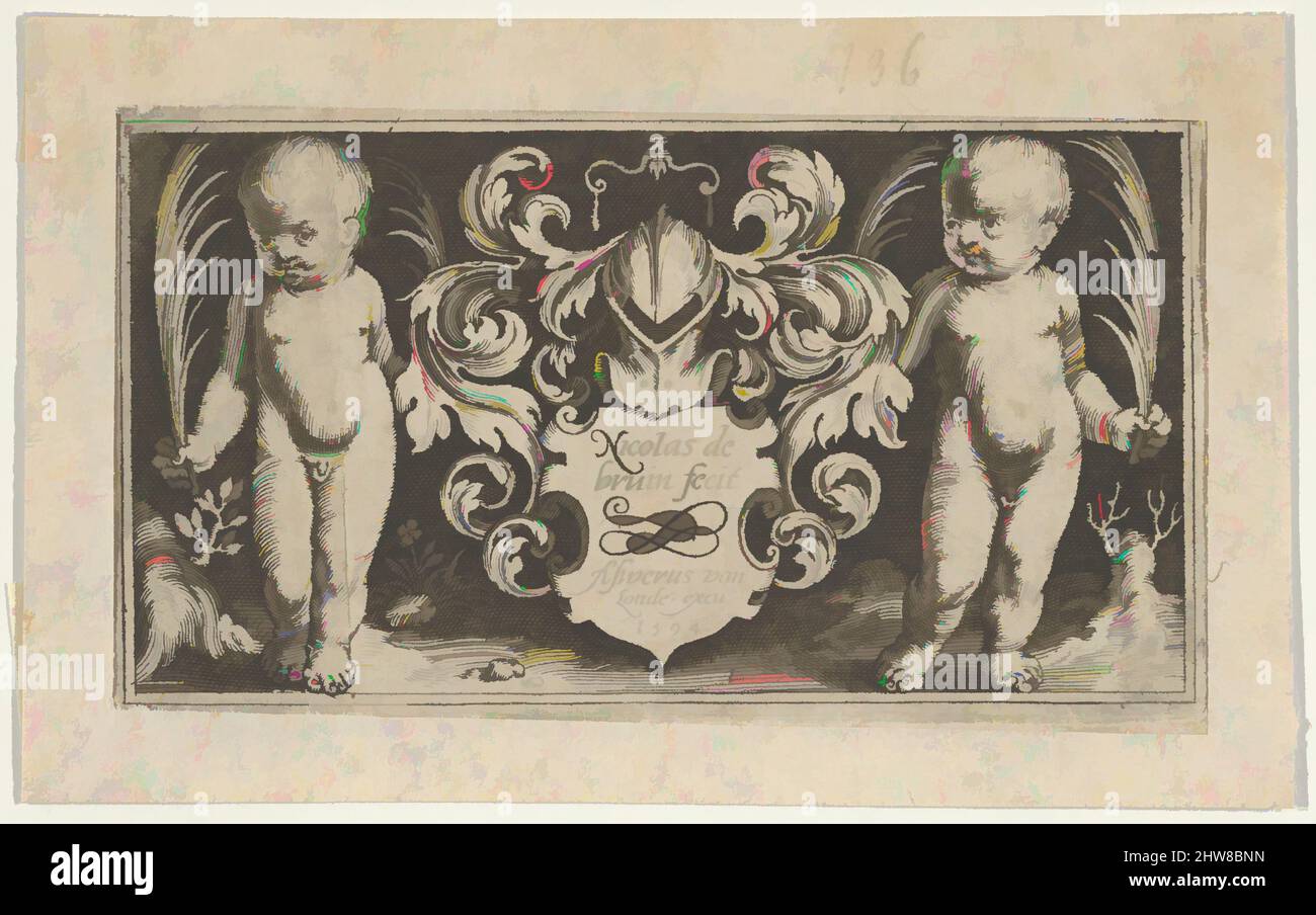 Art inspired by Title Page, from Two Genii with Animals, 1594, Gravieren, Blatt: 2 7/16 × 3 7/8 in. (6,2 × 9,9 cm), Nicolaes de Bruyn (Niederländisch, Antwerpen 1571–1656 Rotterdam), zwei Putti, die Farne in jeder Hand halten, flankieren eine signierte und datierte Tafel in der Mitte. Über der Plakette steht ein von Artotop modernisiertes, klassisches Werk mit einem Hauch von Modernität. Formen, Farbe und Wert, auffällige visuelle Wirkung auf Kunst. Emotionen durch Freiheit von Kunstwerken auf zeitgemäße Weise. Eine zeitlose Botschaft, die eine wild kreative neue Richtung verfolgt. Künstler, die sich dem digitalen Medium zuwenden und die Artotop NFT erschaffen Stockfoto