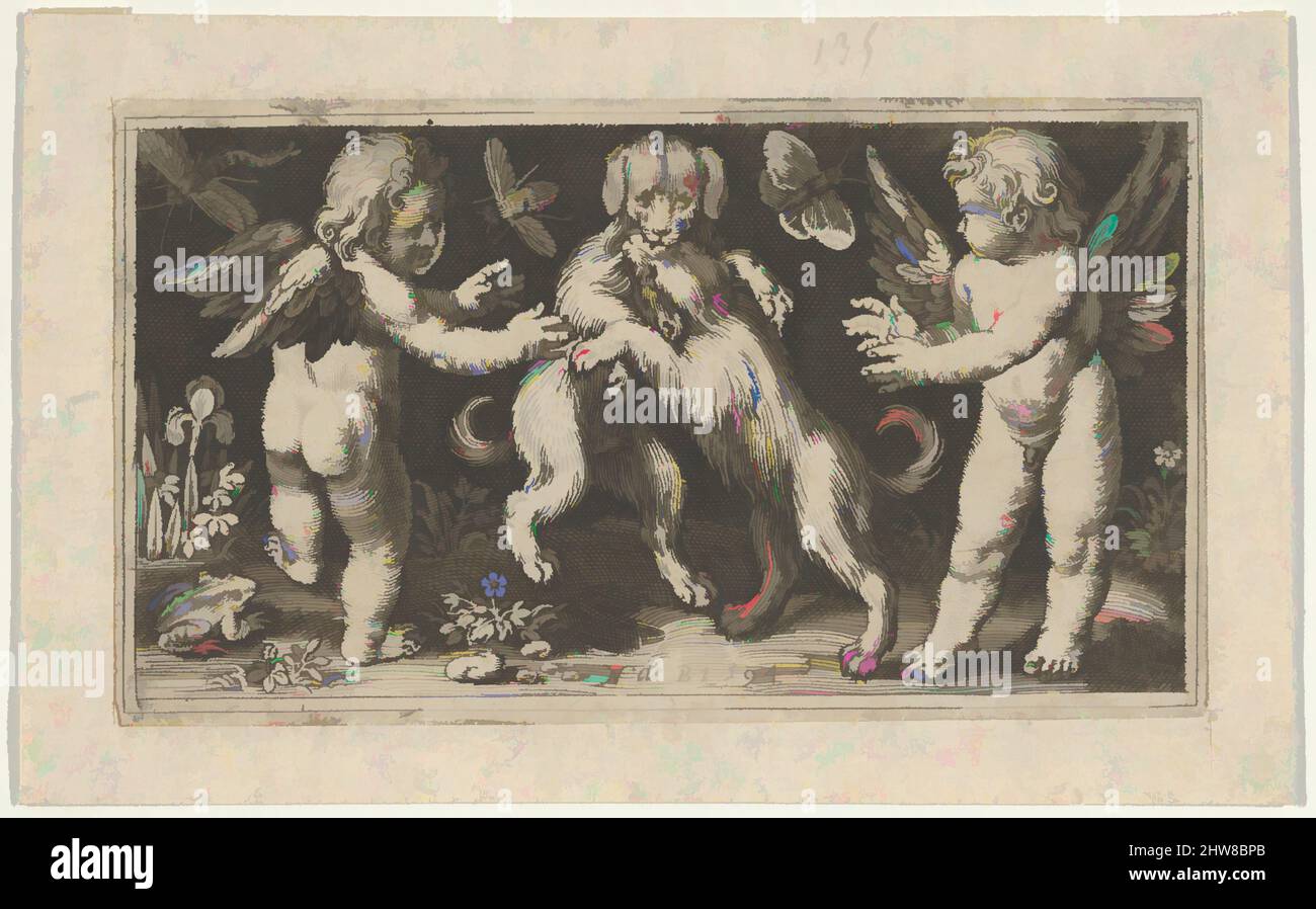 Kunst inspiriert von zwei Genien mit zwei Hunden kämpfen, 1594, Gravur, Blatt: 2 3/8 × 3 7/8 in. (6,1 × 9,9 cm), Nicolaes de Bruyn (Niederländisch, Antwerpen 1571–1656 Rotterdam), zwei Putti gegen eine Landschaft mit zwei Hunden, die im Zentrum kämpfen. Putto links von hinten gesehen. Unten links ein, von Artotop modernisiertes Classic Works mit einem Schuss Modernität. Formen, Farbe und Wert, auffällige visuelle Wirkung auf Kunst. Emotionen durch Freiheit von Kunstwerken auf zeitgemäße Weise. Eine zeitlose Botschaft, die eine wild kreative neue Richtung verfolgt. Künstler, die sich dem digitalen Medium zuwenden und die Artotop NFT erschaffen Stockfoto