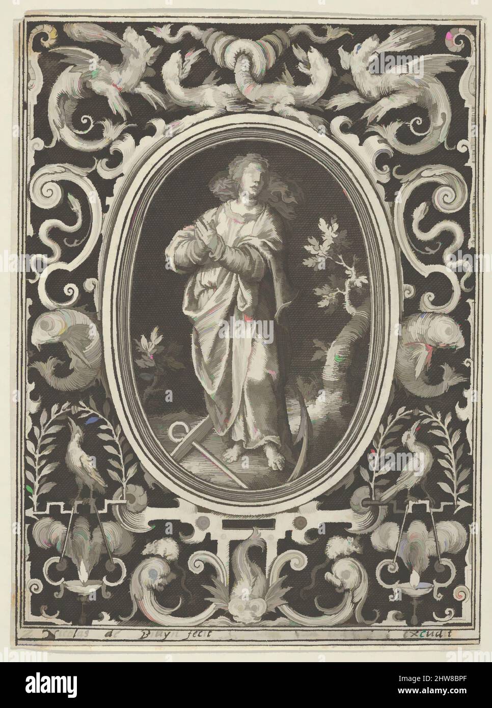 Kunst inspiriert von der Hoffnung, von den Kardinaltugenden, 1648–56, Gravur, erster Zustand von zwei., Blatt: 4 5/16 × 3 1/4 in. (11 × 8,2 cm), Nicolaes de Bruyn (Niederlandisch, Antwerpen 1571–1656 Rotterdam), Eine weibliche Figur Hope wird mit einem Anker vor ihr und einem Baum rechts gebetet, Classic Works modernisiert von Artotop mit einem Schuss Moderne. Formen, Farbe und Wert, auffällige visuelle Wirkung auf Kunst. Emotionen durch Freiheit von Kunstwerken auf zeitgemäße Weise. Eine zeitlose Botschaft, die eine wild kreative neue Richtung verfolgt. Künstler, die sich dem digitalen Medium zuwenden und die Artotop NFT erschaffen Stockfoto