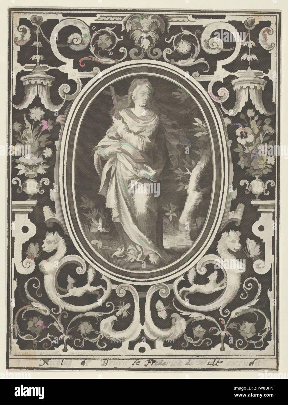 Vom Glauben inspirierte Kunst, von den Kardinaltugenden, 1648–56, Gravur, zweiter Zustand von zwei., Blatt: 4 1/4 × 3 1/4 in. (10,8 × 8,2 cm), Nicolaes de Bruyn (Niederlandisch, Antwerpen 1571–1656 Rotterdam), die weibliche Figur Faith wird mit einem Baumstumpf mit einem Kreuz an der rechten Seite dargestellt, Classic Works modernisiert von Artotop mit einem Schuss Moderne. Formen, Farbe und Wert, auffällige visuelle Wirkung auf Kunst. Emotionen durch Freiheit von Kunstwerken auf zeitgemäße Weise. Eine zeitlose Botschaft, die eine wild kreative neue Richtung verfolgt. Künstler, die sich dem digitalen Medium zuwenden und die Artotop NFT erschaffen Stockfoto