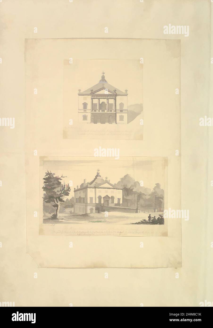 Kunst inspiriert von Leaf von Aedes Walpolinae montiert mit (a): Höhe der hinteren Fassade des Kings House, Richmond, Surrey und (b): Perspektivische Ansicht des Eingangs Front of the Kings House, Richmond, Surrey, nach 1727, (a und b): Schwarze Tinte und Grauwäsche, Blatt: 28 13/16 × 20 5/8 in, Classic Works modernisiert von Artotop mit einem Schuss Moderne. Formen, Farbe und Wert, auffällige visuelle Wirkung auf Kunst. Emotionen durch Freiheit von Kunstwerken auf zeitgemäße Weise. Eine zeitlose Botschaft, die eine wild kreative neue Richtung verfolgt. Künstler, die sich dem digitalen Medium zuwenden und die Artotop NFT erschaffen Stockfoto