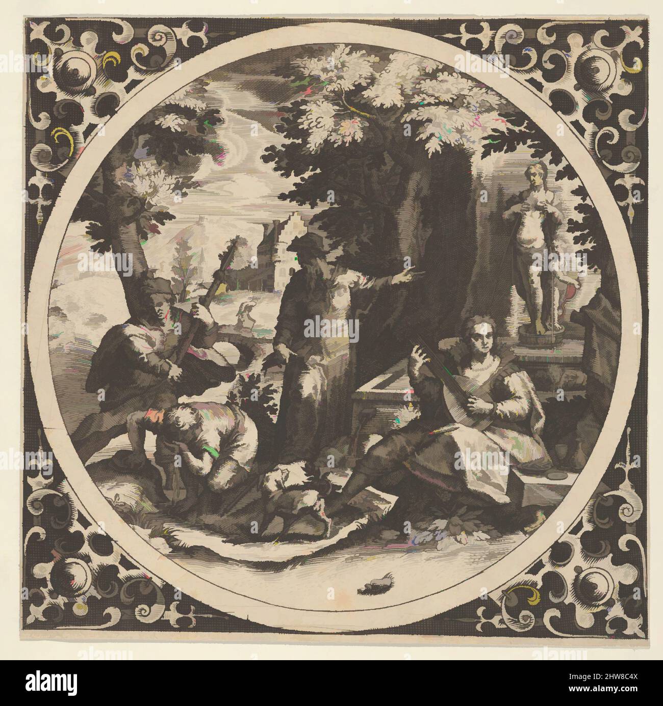 Kunst inspiriert von einer Szene mit einer Warnung vor einer Geschlechtskrankheit in einem Kreis im Zentrum, 1580–1600, Gravur, Blatt: 5 5/16 × 5 3/8 in. (13,5 × 13,6 cm), Theodor de Bry (Niederländisch, Liège 1528–1598 Frankfurt), nach Johann Sadeler I. (Niederländisch, Brüssel 1550–1600/1601 Venedig, Klassische Werke, die von Artotop mit einem Schuss Moderne modernisiert wurden. Formen, Farbe und Wert, auffällige visuelle Wirkung auf Kunst. Emotionen durch Freiheit von Kunstwerken auf zeitgemäße Weise. Eine zeitlose Botschaft, die eine wild kreative neue Richtung verfolgt. Künstler, die sich dem digitalen Medium zuwenden und die Artotop NFT erschaffen Stockfoto
