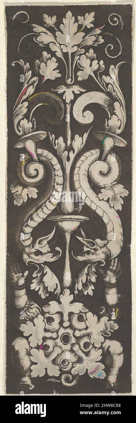 Kunst inspiriert von Vertikal Panel mit einem Kandelaber, der aus einem Blatt-gesichtigen Grostesque unten stammt, ca. 1520–55, Gravieren, Blatt: 3 9/16 × 13/16 Zoll (9,1 × 2,1 cm), Allaert Claesz. (Dutch, Active 1520–55), Leuchter mit grotesker Unterseite und einem sternförmigen Körper aus fünf, von Artotop modernisierten Classic Works mit einem Schuss Modernität. Formen, Farbe und Wert, auffällige visuelle Wirkung auf Kunst. Emotionen durch Freiheit von Kunstwerken auf zeitgemäße Weise. Eine zeitlose Botschaft, die eine wild kreative neue Richtung verfolgt. Künstler, die sich dem digitalen Medium zuwenden und die Artotop NFT erschaffen Stockfoto