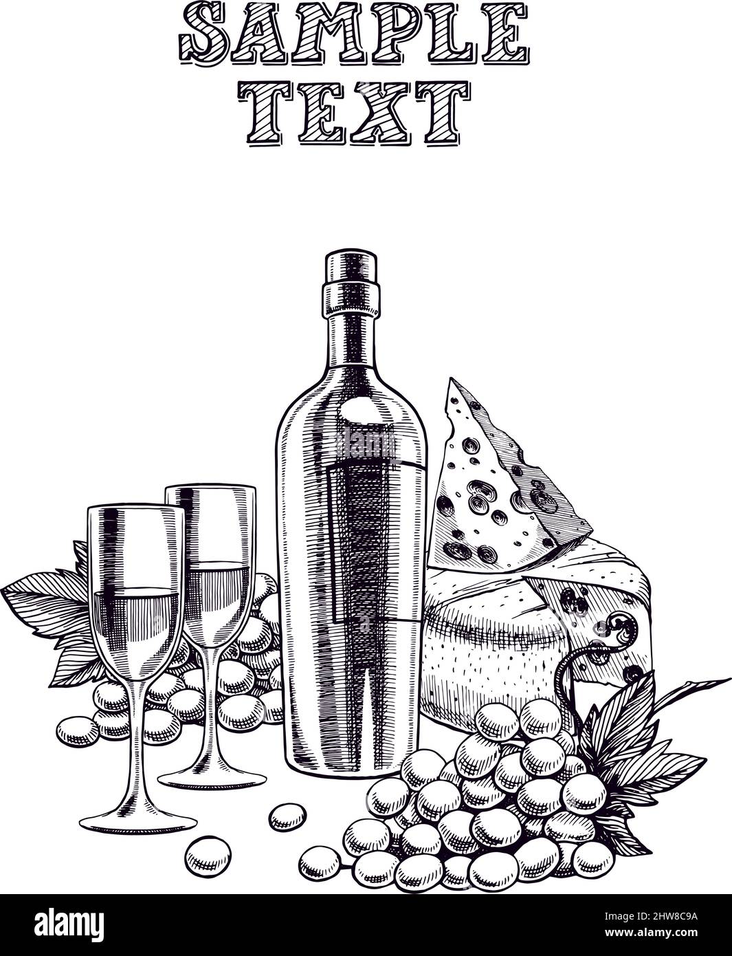 Schöner Hintergrund mit einer Flasche Wein, Gläsern, Trauben und Käse Stock Vektor