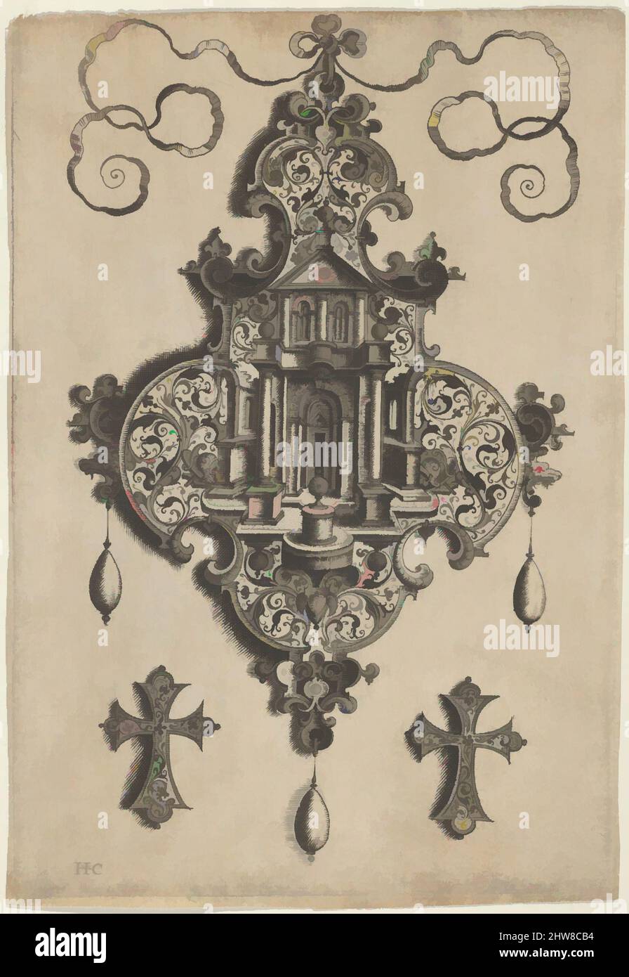 Kunst inspiriert von Hängedesign mit einem Tempel und einer Vase über kreuzförmigen Ornamenten, vor 1573, Gravur und Schwarzarbeit; erster Zustand von zwei (New Hollstein), Blatt: 5 7/8 × 4 1/16 in. (14,9 × 10,3 cm), Jan Collaert I (Niederländisch, Antwerpen ca. 1530–1581 Antwerpen), Vertical Panel with, Classic Works modernisiert von Artotop mit einem Schuss Moderne. Formen, Farbe und Wert, auffällige visuelle Wirkung auf Kunst. Emotionen durch Freiheit von Kunstwerken auf zeitgemäße Weise. Eine zeitlose Botschaft, die eine wild kreative neue Richtung verfolgt. Künstler, die sich dem digitalen Medium zuwenden und die Artotop NFT erschaffen Stockfoto