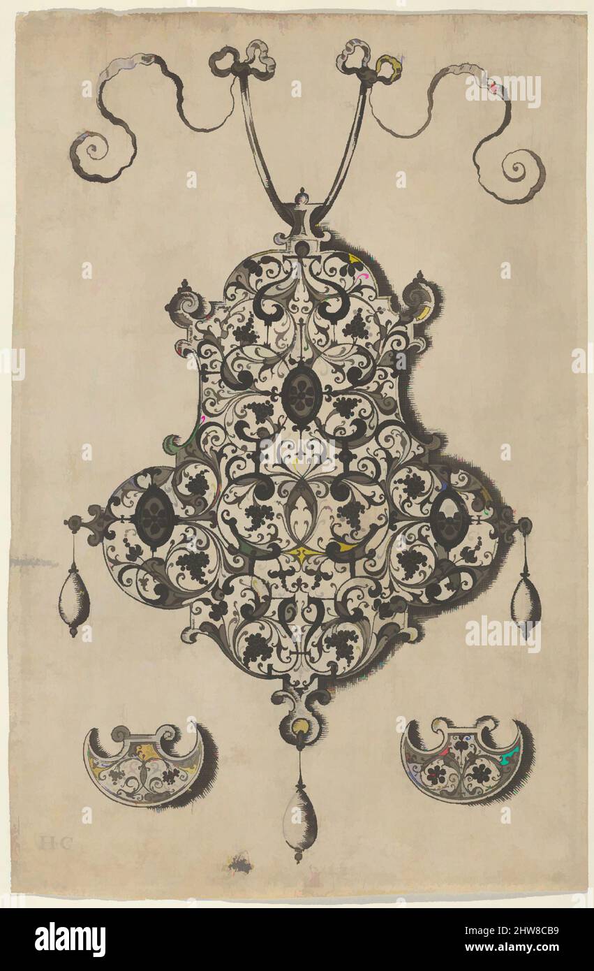 Kunst inspiriert von Design for the Verso of a Pendant mit Weinreben über AX-förmigen Ornamenten, vor 1573, Gravieren und Schwarzarbeiten; erster Zustand von zwei (New Hollstein), Blatt: 5 3/4 × 3 13/16 in. (14,6 × 9,7 cm), Jan Collaert I (Niederländisch, Antwerpen ca. 1530–1581 Antwerpen), Vertical, Classic Works modernisiert von Artotop mit einem Schuss Moderne. Formen, Farbe und Wert, auffällige visuelle Wirkung auf Kunst. Emotionen durch Freiheit von Kunstwerken auf zeitgemäße Weise. Eine zeitlose Botschaft, die eine wild kreative neue Richtung verfolgt. Künstler, die sich dem digitalen Medium zuwenden und die Artotop NFT erschaffen Stockfoto