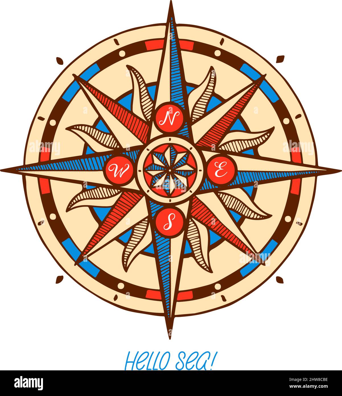 Windrose des Kompasses. Handgezeichnete Vektordarstellung der mittelalterlichen Windrose Stock Vektor