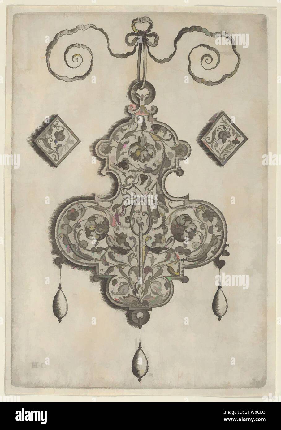 Kunst inspiriert von Design für das Verso eines Anhängers mit drei großen Blumen, vor 1573, Gravur; zweiter Zustand von drei (New Hollstein), Blatt: 5 3/4 × 4 in. (14,6 × 10,1 cm), Jan Collaert I (Niederländisch, Antwerpen ca. 1530–1581 Antwerpen), Vertikale Tafel mit dem Design für eine Pendelleuchte, Klassische Werke, die von Artotop mit einem Schuss Moderne modernisiert wurden. Formen, Farbe und Wert, auffällige visuelle Wirkung auf Kunst. Emotionen durch Freiheit von Kunstwerken auf zeitgemäße Weise. Eine zeitlose Botschaft, die eine wild kreative neue Richtung verfolgt. Künstler, die sich dem digitalen Medium zuwenden und die Artotop NFT erschaffen Stockfoto