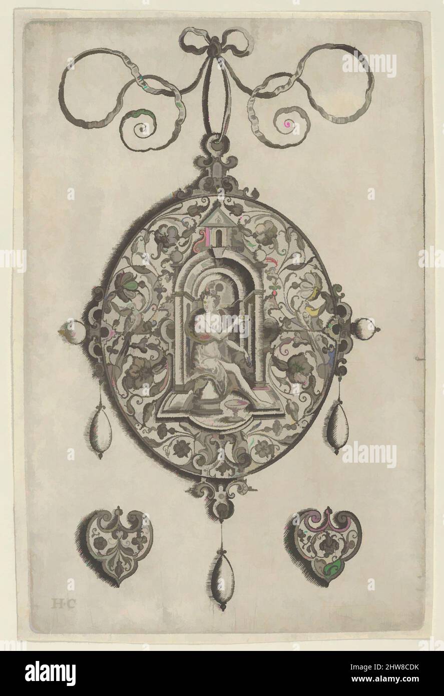 Kunst inspiriert von Oval-förmigen Anhänger Design mit Hebe sitzt unter einer Nische, vor 1573, Gravur; erster Zustand von zwei (New Hollstein), Blatt: 5 3/4 × 3 13/16 in. (14,6 × 9,7 cm), Jan Collaert I (Niederländisch, Antwerpen ca. 1530–1581 Antwerpen), Vertikale Tafel mit Pendelleuchte, von Artotop modernisierte Classic Works mit einem Schuss Moderne. Formen, Farbe und Wert, auffällige visuelle Wirkung auf Kunst. Emotionen durch Freiheit von Kunstwerken auf zeitgemäße Weise. Eine zeitlose Botschaft, die eine wild kreative neue Richtung verfolgt. Künstler, die sich dem digitalen Medium zuwenden und die Artotop NFT erschaffen Stockfoto