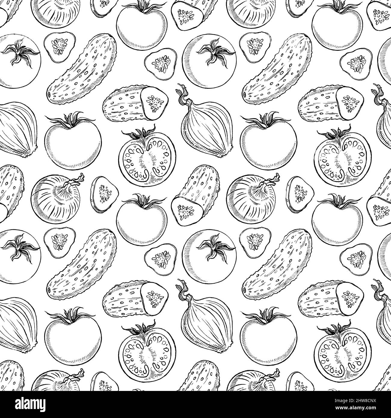Niedliche nahtlose Hintergrund von Skizze Gurken und Tomaten. Handgezeichnete Illustration Stock Vektor