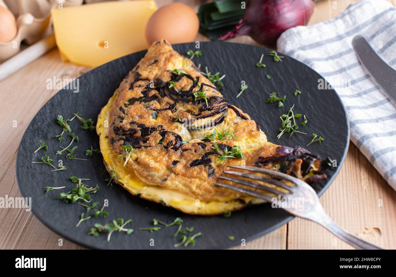 Kohlenhydratarme oder ketogene Frühstücksplatte mit gebratenem Omelett in der Pfanne, gekocht mit roten Zwiebeln und Käse. Garniert mit frischer Kresse. Stockfoto