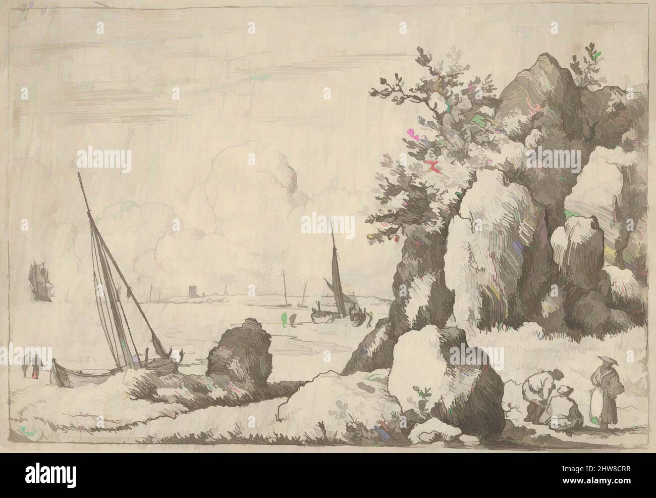 Kunst inspiriert von Sea Stück mit drei Figuren auf der rechten Seite, Gravur; erster Zustand von drei, Platte: 2 13/16 × 4 1/4 in. (7,2 × 10,8 cm), Drucke, Allart van Everdingen (Niederländisch, Alkmaar 1621–1675 Amsterdam, Klassische Werke, die von Artotop mit einem Schuss Moderne modernisiert wurden. Formen, Farbe und Wert, auffällige visuelle Wirkung auf Kunst. Emotionen durch Freiheit von Kunstwerken auf zeitgemäße Weise. Eine zeitlose Botschaft, die eine wild kreative neue Richtung verfolgt. Künstler, die sich dem digitalen Medium zuwenden und die Artotop NFT erschaffen Stockfoto