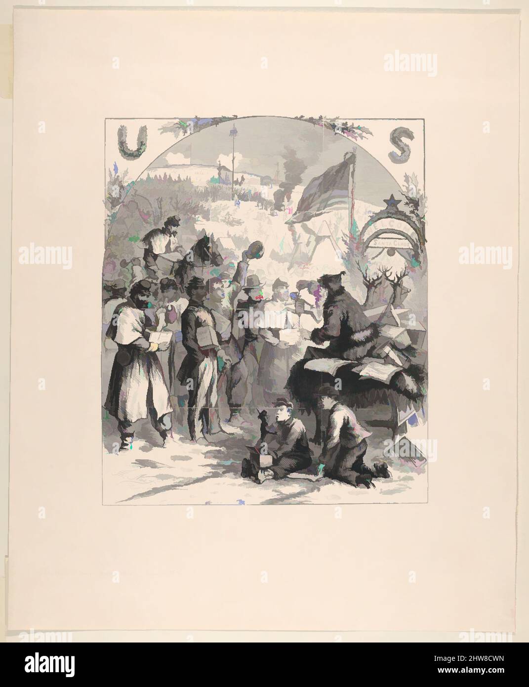 Kunst inspiriert vom Weihnachtsmann in Camp (veröffentlicht in Harper's Weekly, 3. Januar 1863), 1863 (?), Relief Print und Electrotype, Bild: 10 3/4 × 9 1/8 in. (27,3 × 23,1 cm), Druckgrafiken, Thomas Nast (US-Amerikaner (geb. Deutschland), Landau 1840–1902 Guayaquil), Nasts Bild erschien 1862, Klassische Werke, die von Artotop mit einem Schuss Moderne modernisiert wurden. Formen, Farbe und Wert, auffällige visuelle Wirkung auf Kunst. Emotionen durch Freiheit von Kunstwerken auf zeitgemäße Weise. Eine zeitlose Botschaft, die eine wild kreative neue Richtung verfolgt. Künstler, die sich dem digitalen Medium zuwenden und die Artotop NFT erschaffen Stockfoto