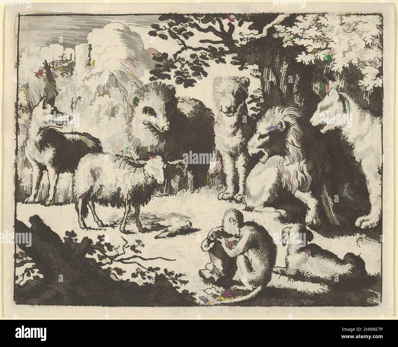 Kunst inspiriert vom Affen öffnet das Paket und entfernt den Kopf des Kaninchens zur großen Überraschung der Tiere aus Hendrick van Alcmars Renard der Fuchs, 1650–75, Gravieren; dritter Zustand von vier, Platte: 3 5/8 × 4 1/2 Zoll (9,2 × 11,5 cm), Drucke, Allart van Everdingen (Niederländisch, Alkmaar, Klassische Werke, die von Artotop mit einem Schuss Moderne modernisiert wurden. Formen, Farbe und Wert, auffällige visuelle Wirkung auf Kunst. Emotionen durch Freiheit von Kunstwerken auf zeitgemäße Weise. Eine zeitlose Botschaft, die eine wild kreative neue Richtung verfolgt. Künstler, die sich dem digitalen Medium zuwenden und die Artotop NFT erschaffen Stockfoto