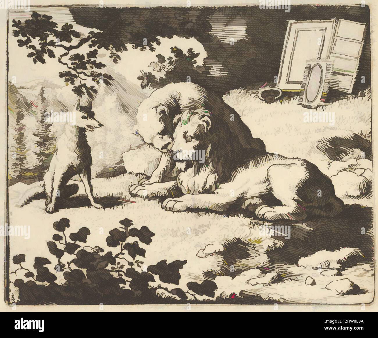Kunst inspiriert von Renard Lügen, dass er dem RAM verschiedene wertvolle Objekte gab, die für den Löwen und die Löwin aus Hendrick van Alcmars Renard der Fuchs, 1650–75, Gravieren, dritter Zustand von vier, Platte: 3 3/4 × 4 5/8 in. (9,5 × 11,7 cm), Drucke, Allart van Everdingen (Niederländisch, Alkmaar, Klassische Werke, die von Artotop mit einem Schuss Moderne modernisiert wurden. Formen, Farbe und Wert, auffällige visuelle Wirkung auf Kunst. Emotionen durch Freiheit von Kunstwerken auf zeitgemäße Weise. Eine zeitlose Botschaft, die eine wild kreative neue Richtung verfolgt. Künstler, die sich dem digitalen Medium zuwenden und die Artotop NFT erschaffen Stockfoto