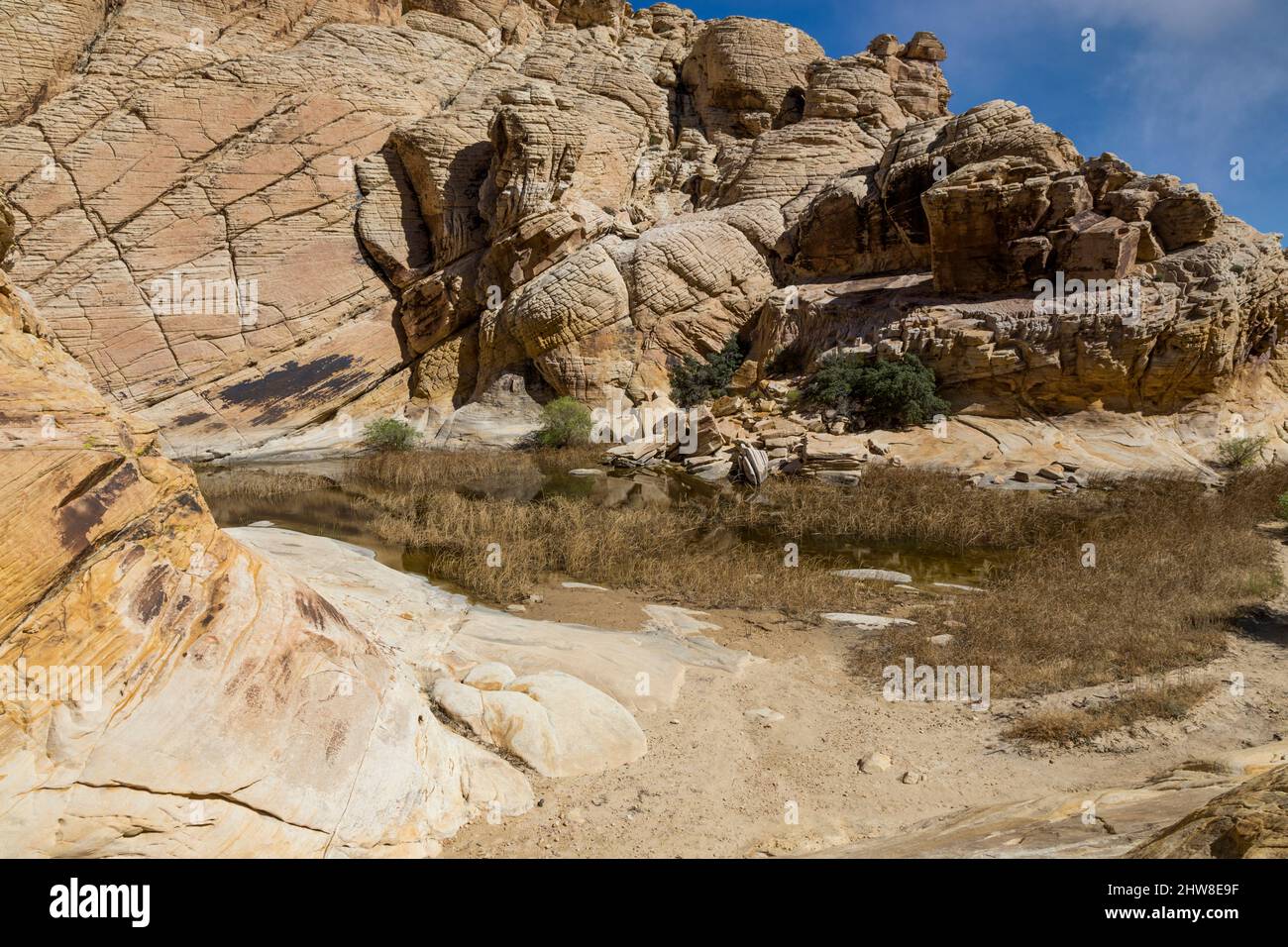 Red Rock Canyon, Nevada.  Calico Tanks am Ende des Weges.  Sandstein zeigt Cross-Bettwäsche aus alten Sanddünen. Stockfoto
