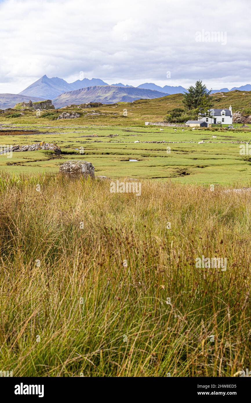 Die Ruinen der Burg Dun Scaich und einer Croft am Ufer des Loch Eishort in Tokavaig auf der Sleat Peninsula im Süden der Isle of Skye, Highland Stockfoto