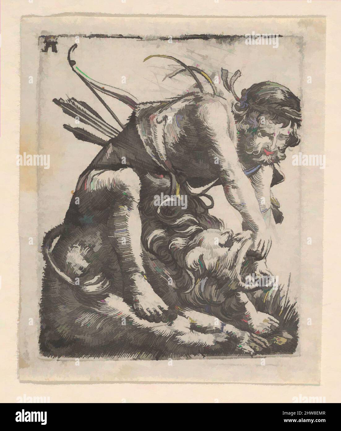 Kunst inspiriert von Herkules im Kampf gegen den Nemean Lion, Gravieren, Blatt: 1 15/16 × 1 5/8 in. (5 × 4,2 cm), Drucke, Albrecht Altdorfer (deutsch, Regensburg ca. 1480–1538 Regensburg, Klassisches von Artotop modernisiertes Werk mit einem Schuss Moderne. Formen, Farbe und Wert, auffällige visuelle Wirkung auf Kunst. Emotionen durch Freiheit von Kunstwerken auf zeitgemäße Weise. Eine zeitlose Botschaft, die eine wild kreative neue Richtung verfolgt. Künstler, die sich dem digitalen Medium zuwenden und die Artotop NFT erschaffen Stockfoto