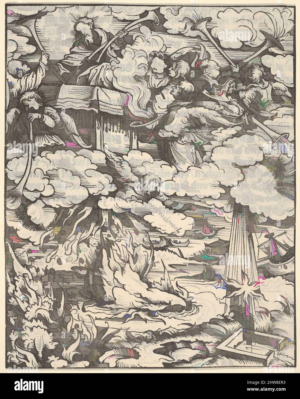 Kunst inspiriert von den ersten vier Posaunen, aus der Apokalypse, 1523–24, Holzschnitt, Blatt: 6 3/8 × 5 1/8 in. (16,2 × 13 cm), Drucke, Hans Burgkmair (Deutsch, Augsburg 1473–1531 Augsburg), Tafel 7 aus einer Serie von 21 Holzschnitten mit Szenen aus der Apokalypse für Martin Luthers Übersetzung, Klassische Werke, die von Artotop mit einem Schuss Moderne modernisiert wurden. Formen, Farbe und Wert, auffällige visuelle Wirkung auf Kunst. Emotionen durch Freiheit von Kunstwerken auf zeitgemäße Weise. Eine zeitlose Botschaft, die eine wild kreative neue Richtung verfolgt. Künstler, die sich dem digitalen Medium zuwenden und die Artotop NFT erschaffen Stockfoto