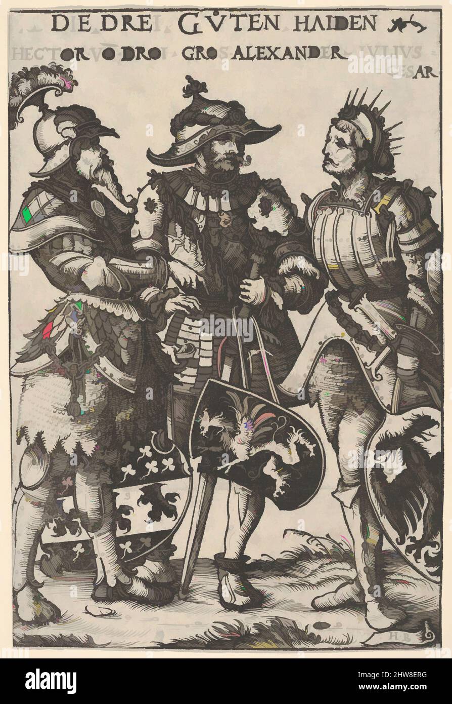 Kunst inspiriert von den drei heidnischen Helden (die drei Guten Haiden), aus Heroes and Heroines, 1516, Holzschnitt; First State of Three (Hollstein), Blatt: 7 5/8 × 5 3/16 in. (19,4 × 13,1 cm), Drucke, Hans Burgkmair (deutsch, Augsburg 1473–1531 Augsburg), Block Cut von Jost de Negker (1480–1546, Klassische Werke, die von Artotop mit einem Schuss Moderne modernisiert wurden. Formen, Farbe und Wert, auffällige visuelle Wirkung auf Kunst. Emotionen durch Freiheit von Kunstwerken auf zeitgemäße Weise. Eine zeitlose Botschaft, die eine wild kreative neue Richtung verfolgt. Künstler, die sich dem digitalen Medium zuwenden und die Artotop NFT erschaffen Stockfoto