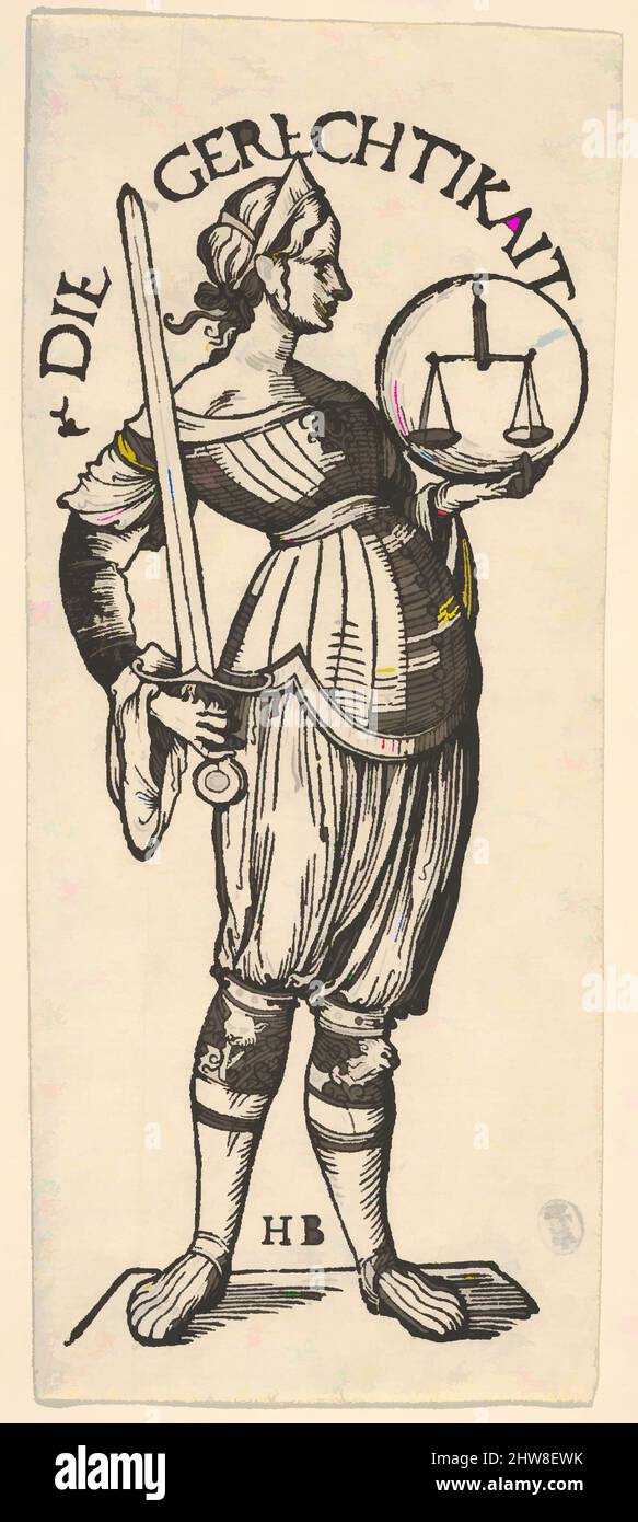 Die Gerechtikait, aus den Sieben Tugenden, Holzschnitt; Dritter Zustand der drei (Hollstein), Blatt: 6 11/16 × 3 in. (17 × 7,6 cm), Drucke, Hans Burgkmair (deutsch, Augsburg 1473–1531 Augsburg, Klassische Werke, die von Artotop mit einem Schuss Moderne modernisiert wurden. Formen, Farbe und Wert, auffällige visuelle Wirkung auf Kunst. Emotionen durch Freiheit von Kunstwerken auf zeitgemäße Weise. Eine zeitlose Botschaft, die eine wild kreative neue Richtung verfolgt. Künstler, die sich dem digitalen Medium zuwenden und die Artotop NFT erschaffen Stockfoto