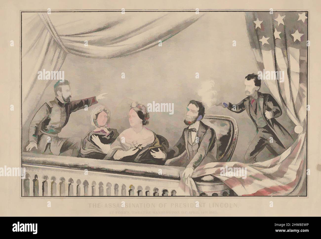 Kunst inspiriert durch die Attentat auf Präsident Lincoln im Ford's Theatre, Washington D.C., 14.. April 1865, 1865, Handkolorierte Lithographie, Bild: 7 13/16 × 12 1/8 Zoll (19,8 × 30,8 cm), Drucke, Diese Lithographie zeichnet den schockierenden Moment auf, als Abraham Lincoln von John Wilkes gedreht wurde, Klassische Werke, die von Artotop mit einem Schuss Moderne modernisiert wurden. Formen, Farbe und Wert, auffällige visuelle Wirkung auf Kunst. Emotionen durch Freiheit von Kunstwerken auf zeitgemäße Weise. Eine zeitlose Botschaft, die eine wild kreative neue Richtung verfolgt. Künstler, die sich dem digitalen Medium zuwenden und die Artotop NFT erschaffen Stockfoto