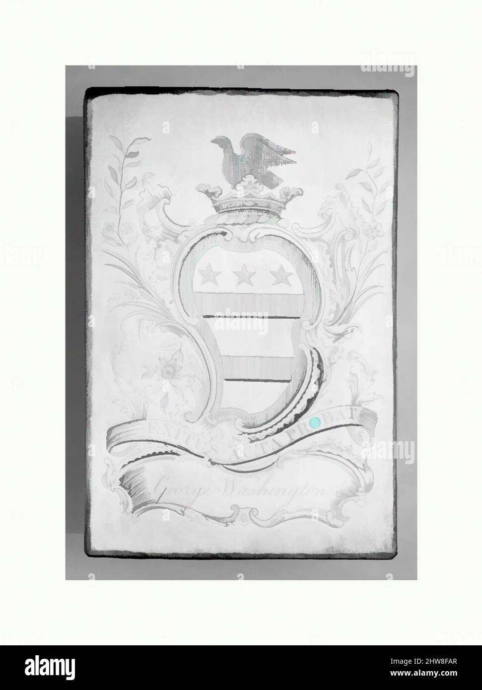 Art Inspired by Copper Printing Plate for Bookplate of George Washington, 1772, gravierte Kupferplatte, 3 13/16 × 2 1/2 Zoll (9,7 × 6,4 cm), Teller, Anonym, britisch, 18. Jahrhundert, Klassische Werke, die von Artotop mit einem Hauch von Moderne modernisiert wurden. Formen, Farbe und Wert, auffällige visuelle Wirkung auf Kunst. Emotionen durch Freiheit von Kunstwerken auf zeitgemäße Weise. Eine zeitlose Botschaft, die eine wild kreative neue Richtung verfolgt. Künstler, die sich dem digitalen Medium zuwenden und die Artotop NFT erschaffen Stockfoto