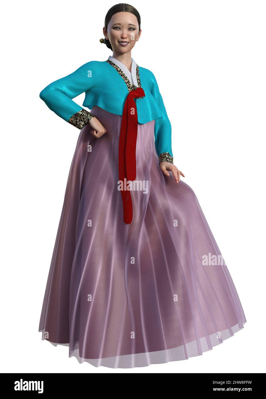 Koreanische Frau trägt traditionelle Kleidung hanbok, 3D Illustration. Stockfoto