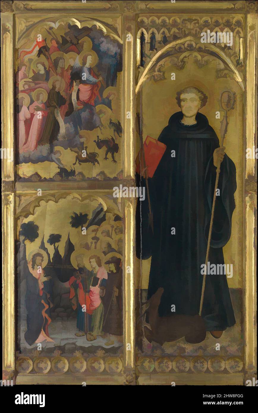 Kunst inspiriert von St. Giles mit Christus triumphiert über Satan und die Mission der Apostel, ca. 1408, Tempera auf Holz, Goldgrund, insgesamt 59 5/8 x 39 1/2 Zoll (151,4 x 100,3 cm); obere linke Abdeckung, lackierte Oberfläche 24 1/8 x 16 7/8 Zoll (61,3 x 42,9 cm); untere linke Tafel, bemalt, Klassisches Werk, modernisiert von Artotop mit einem Schuss Modernität. Formen, Farbe und Wert, auffällige visuelle Wirkung auf Kunst. Emotionen durch Freiheit von Kunstwerken auf zeitgemäße Weise. Eine zeitlose Botschaft, die eine wild kreative neue Richtung verfolgt. Künstler, die sich dem digitalen Medium zuwenden und die Artotop NFT erschaffen Stockfoto