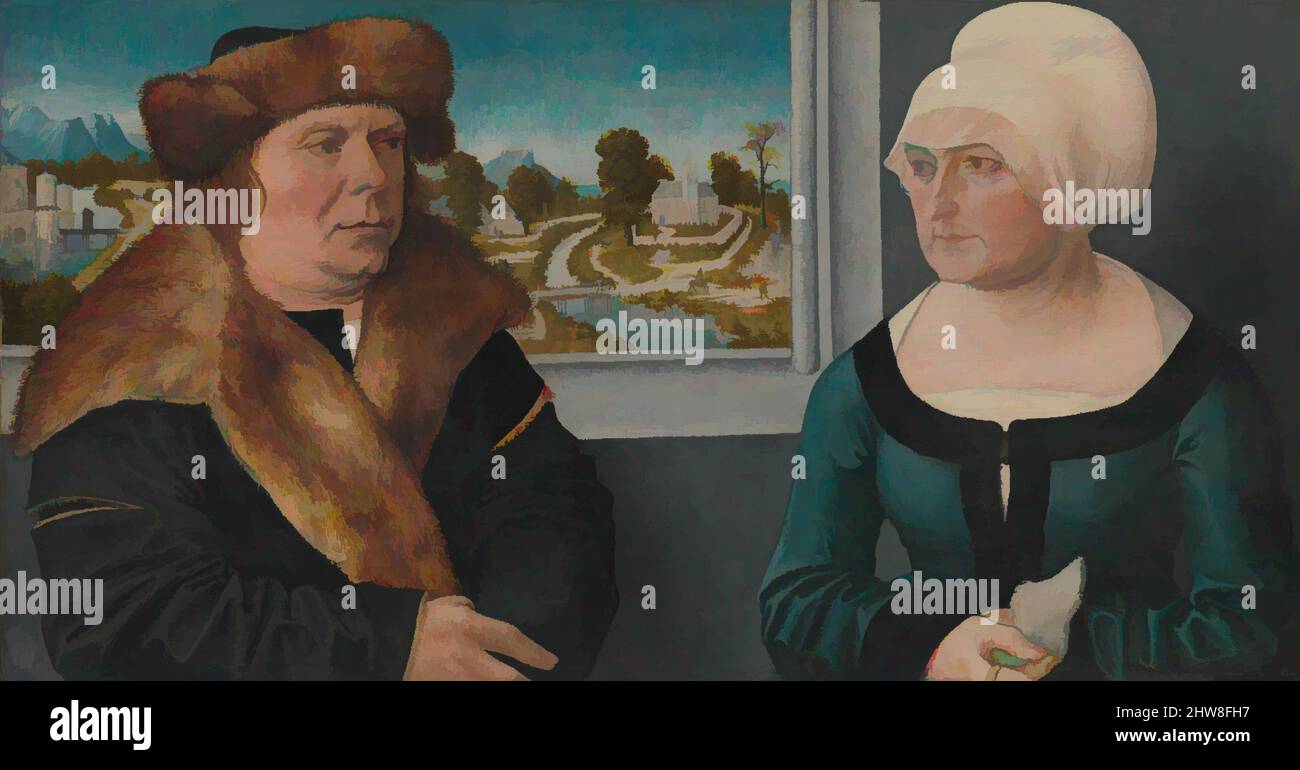 Kunst inspiriert vom Portrait eines Mannes und seiner Frau (Lorenz Kraffter und Honesta Merz?), 1512, Öl auf Linde, 13 x 24 7/8 Zoll (33 x 63,2 cm), Gemälde, Ulrich Apt der Ältere (deutsch, Augsburg ca. 1460–1532 Augsburg), Dieses Doppelporträt eines Ehepaares, das als typisch deutsch getragenes, von Artotop modernisiertes klassisches Werk mit einem Schuss Modernität. Formen, Farbe und Wert, auffällige visuelle Wirkung auf Kunst. Emotionen durch Freiheit von Kunstwerken auf zeitgemäße Weise. Eine zeitlose Botschaft, die eine wild kreative neue Richtung verfolgt. Künstler, die sich dem digitalen Medium zuwenden und die Artotop NFT erschaffen Stockfoto Kunst inspiriert vom Portrait eines Mannes und seiner Frau (Lorenz Kraffter und Honesta Merz?), 1512, Öl auf Linde, 13 x 24 7/8 Zoll (33 x 63,2 cm), Gemälde, Ulrich Apt der Ältere (deutsch, Augsburg ca. 1460–1532 Augsburg), Dieses Doppelporträt eines Ehepaares, das als typisch deutsch getragenes, von Artotop modernisiertes klassisches Werk mit einem Schuss Modernität. Formen, Farbe und Wert, auffällige visuelle Wirkung auf Kunst. Emotionen durch Freiheit von Kunstwerken auf zeitgemäße Weise. Eine zeitlose Botschaft, die eine wild kreative neue Richtung verfolgt. Künstler, die sich dem digitalen Medium zuwenden und die Artotop NFT erschaffen Stockfoto