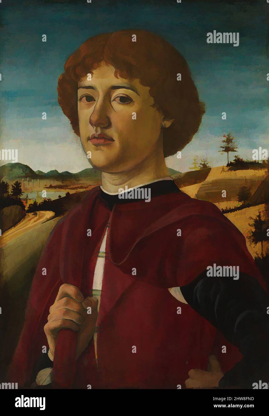 Kunst inspiriert von Portrait of a Young man, wahrscheinlich ca. 1470, Tempera auf Holz, insgesamt 21 3/8 x 15 1/2 Zoll (54,3 x 39,4 cm); lackierte Oberfläche 20 1/4 x 14 1/4 Zoll (51,4 x 36,2 cm), Gemälde, Biagio d'Antonio (Italienisch, Florentine, aktiv von 1472–gestorben 1516), Dies sind die klassischsten Werke von Biagio d'Antonio, die von Artotop mit einem Schuss Moderne modernisiert wurden. Formen, Farbe und Wert, auffällige visuelle Wirkung auf Kunst. Emotionen durch Freiheit von Kunstwerken auf zeitgemäße Weise. Eine zeitlose Botschaft, die eine wild kreative neue Richtung verfolgt. Künstler, die sich dem digitalen Medium zuwenden und die Artotop NFT erschaffen Stockfoto