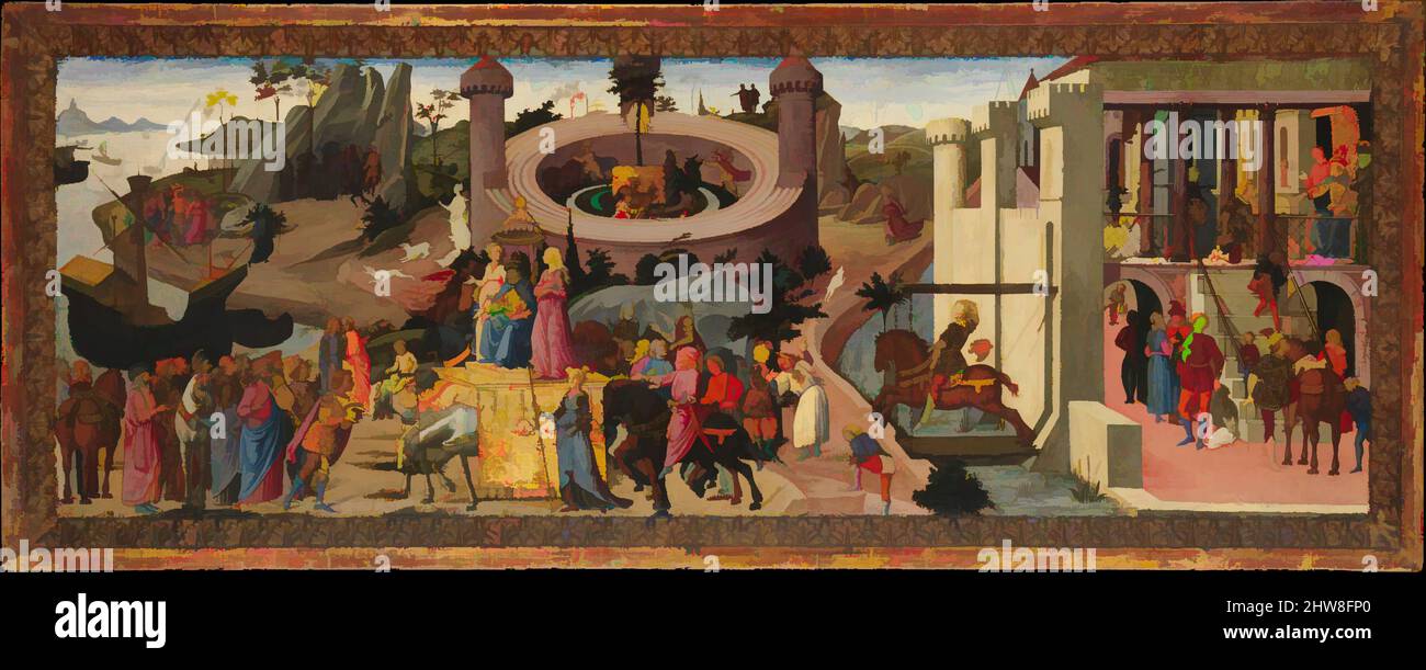 Kunst inspiriert von Szenen aus der Geschichte der Argonauten, Tempera auf Holz, vergoldete Ornamente, insgesamt 24 1/8 x 60 3/8 Zoll (61,3 x 153,4 cm); lackierte Oberfläche 19 5/8 x 56 Zoll (49,8 x 142,2 cm), Gemälde, Biagio d'Antonio (Italienisch, Florentiner, aktiv von 1472–gestorben 1516) und Jacopo del Sellaio, Klassische Werke, die von Artotop mit einem Schuss Moderne modernisiert wurden. Formen, Farbe und Wert, auffällige visuelle Wirkung auf Kunst. Emotionen durch Freiheit von Kunstwerken auf zeitgemäße Weise. Eine zeitlose Botschaft, die eine wild kreative neue Richtung verfolgt. Künstler, die sich dem digitalen Medium zuwenden und die Artotop NFT erschaffen Stockfoto