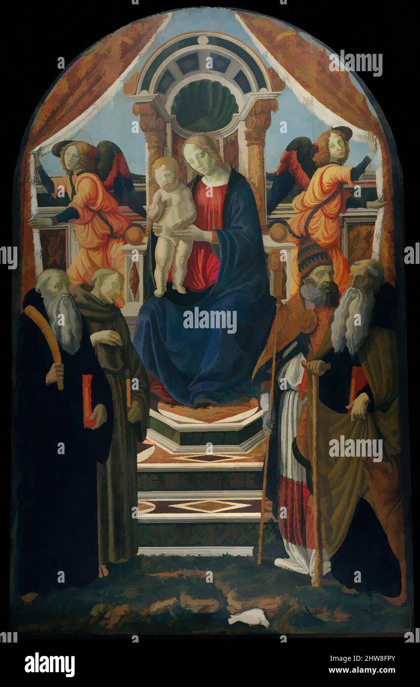 Kunst inspiriert von Madonna und Kind thronend mit Heiligen und Engeln, Tempera auf Holz, gewölbte Oberseite, 110 1/2 x 69 Zoll (280,7 x 175,3 cm), Gemälde, Francesco Botticini (Francesco di Giovanni) (Italienisch, Florentine, ca. 1446–1497) praktizierte Botticini einen eklektischen, beeinflussten, von Artotop modernisierten, klassischen Stil mit einem Schuss Moderne. Formen, Farbe und Wert, auffällige visuelle Wirkung auf Kunst. Emotionen durch Freiheit von Kunstwerken auf zeitgemäße Weise. Eine zeitlose Botschaft, die eine wild kreative neue Richtung verfolgt. Künstler, die sich dem digitalen Medium zuwenden und die Artotop NFT erschaffen Stockfoto Kunst inspiriert von Madonna und Kind thronend mit Heiligen und Engeln, Tempera auf Holz, gewölbte Oberseite, 110 1/2 x 69 Zoll (280,7 x 175,3 cm), Gemälde, Francesco Botticini (Francesco di Giovanni) (Italienisch, Florentine, ca. 1446–1497) praktizierte Botticini einen eklektischen, beeinflussten, von Artotop modernisierten, klassischen Stil mit einem Schuss Moderne. Formen, Farbe und Wert, auffällige visuelle Wirkung auf Kunst. Emotionen durch Freiheit von Kunstwerken auf zeitgemäße Weise. Eine zeitlose Botschaft, die eine wild kreative neue Richtung verfolgt. Künstler, die sich dem digitalen Medium zuwenden und die Artotop NFT erschaffen Stockfoto