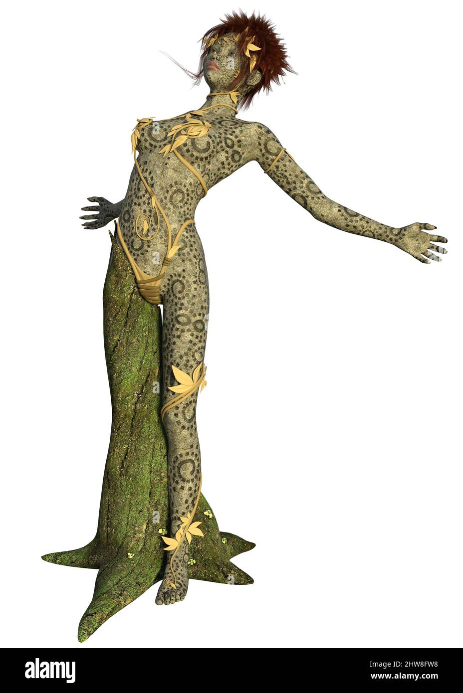 Fantasy Dryad Frau mit Baumstamm Bein, 3D Illustration. Stockfoto
