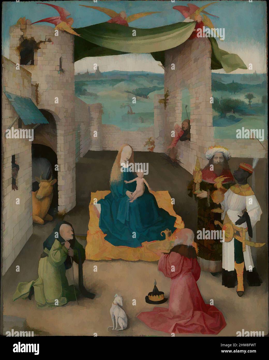 Kunst inspiriert von der Anbetung der Könige, ca. 1475, Öl und Gold auf Eiche, 28 x 22 1/4in. (71,1 x 56,5cm), Gemälde, Hieronymus Bosch (Niederländisch, 's Hertogenbosch ca. 1450–1516 's Hertogenbosch), die technische Auseinandersetzung mit zahlreichen Werken von Hieronymus Bosch hat die von Artotop modernisierten, klassischen Werke mit einem Schuss Moderne ermöglicht. Formen, Farbe und Wert, auffällige visuelle Wirkung auf Kunst. Emotionen durch Freiheit von Kunstwerken auf zeitgemäße Weise. Eine zeitlose Botschaft, die eine wild kreative neue Richtung verfolgt. Künstler, die sich dem digitalen Medium zuwenden und die Artotop NFT erschaffen Stockfoto