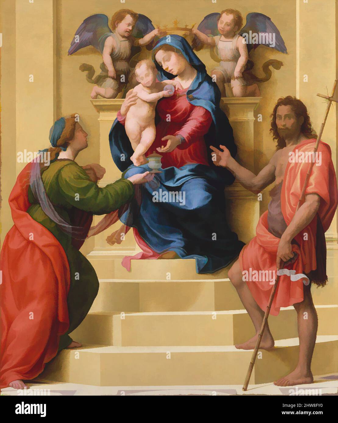 Madonna mit Kind thront mit den Heiligen Maria Magdalena und Johannes dem Täufer, ca. 1523, Öl auf Holz, 76 1/4 x 65 1/4 Zoll (193,7 x 165,7 cm), Gemälde, Giuliano di Piero di Simone Bugiardini (Italienisch, Florenz 1475–1554 Florenz), Dieses gut erhaltene Altarbild könnte im Auftrag des großen florentinischen Bankiers und Mäzens Bindo Altoviti entstanden sein, Er gründete 1523 in der Stadt Cappiano im Arno-Tal südlich von Florenz eine Kapelle, die den Magdalenen geweiht war Stockfoto Madonna mit Kind thront mit den Heiligen Maria Magdalena und Johannes dem Täufer, ca. 1523, Öl auf Holz, 76 1/4 x 65 1/4 Zoll (193,7 x 165,7 cm), Gemälde, Giuliano di Piero di Simone Bugiardini (Italienisch, Florenz 1475–1554 Florenz), Dieses gut erhaltene Altarbild könnte im Auftrag des großen florentinischen Bankiers und Mäzens Bindo Altoviti entstanden sein, Er gründete 1523 in der Stadt Cappiano im Arno-Tal südlich von Florenz eine Kapelle, die den Magdalenen geweiht war Stockfoto