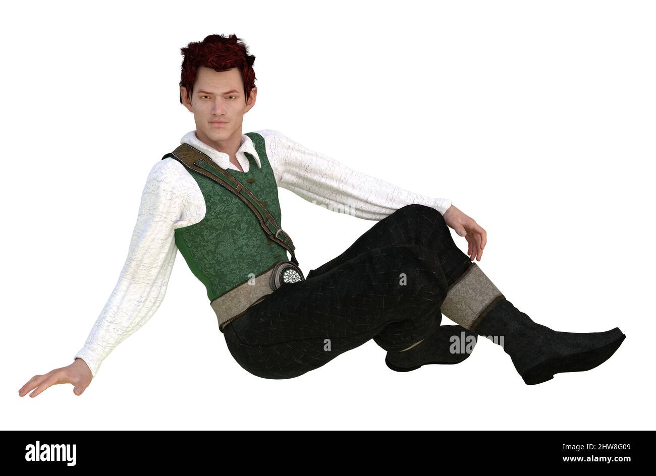 Fantasy-Kreatur Elf, fae oder Kobold Mann mit dunkelroten Haaren trägt Vintage-Outfit, 3D Illustration. Stockfoto