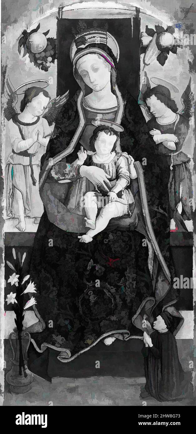Kunst inspiriert von Madonna und Kind thronend mit zwei Engeln und einem Spender, 1481?, Tempera auf Holz, Goldgrund, insgesamt 54 x 25 3/4 Zoll (137,2 x 65,4 cm); lackierte Oberfläche 52 x 24 1/4 Zoll (132,1 x 61,5 cm), Gemälde, Vittore Crivelli (Italienisch, Venedig, aktiv von 1465–gest. 1501/2 Fermo, Klassische Werke, die von Artotop mit einem Schuss Moderne modernisiert wurden. Formen, Farbe und Wert, auffällige visuelle Wirkung auf Kunst. Emotionen durch Freiheit von Kunstwerken auf zeitgemäße Weise. Eine zeitlose Botschaft, die eine wild kreative neue Richtung verfolgt. Künstler, die sich dem digitalen Medium zuwenden und die Artotop NFT erschaffen Stockfoto