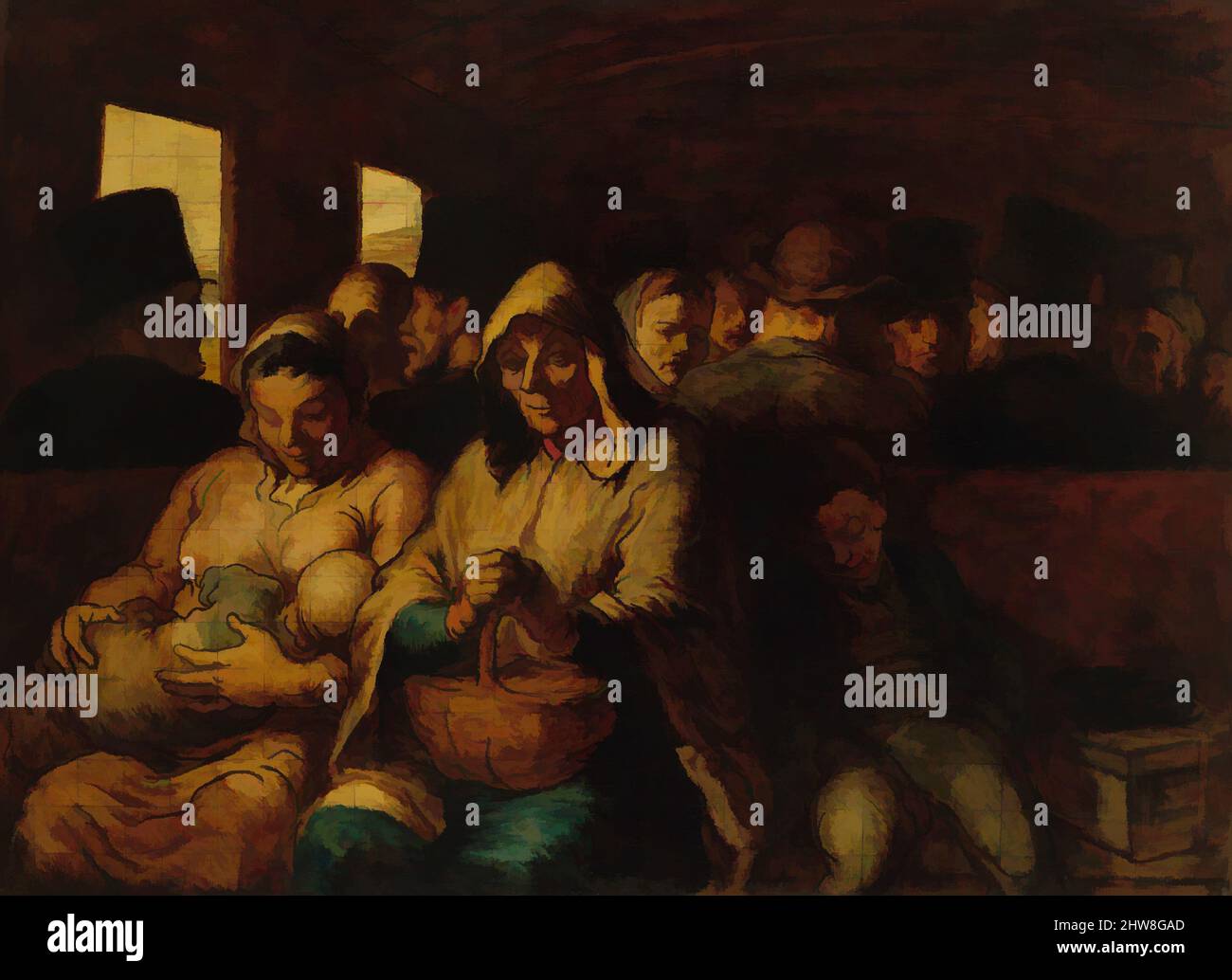Kunst inspiriert von der Third-Class Carriage, ca. 1862–64, Öl auf Leinwand, 25 3/4 x 35 1/2 Zoll (65,4 x 90,2 cm), Gemälde, Honoré Daumier (französisch, Marseille 1808–1879 Valmondois), als Grafiker und Maler schildete Daumier die Auswirkungen der Industrialisierung auf das moderne städtische Leben in klassischen Werken, die von Artotop mit einem Schuss Moderne modernisiert wurden. Formen, Farbe und Wert, auffällige visuelle Wirkung auf Kunst. Emotionen durch Freiheit von Kunstwerken auf zeitgemäße Weise. Eine zeitlose Botschaft, die eine wild kreative neue Richtung verfolgt. Künstler, die sich dem digitalen Medium zuwenden und die Artotop NFT erschaffen Stockfoto