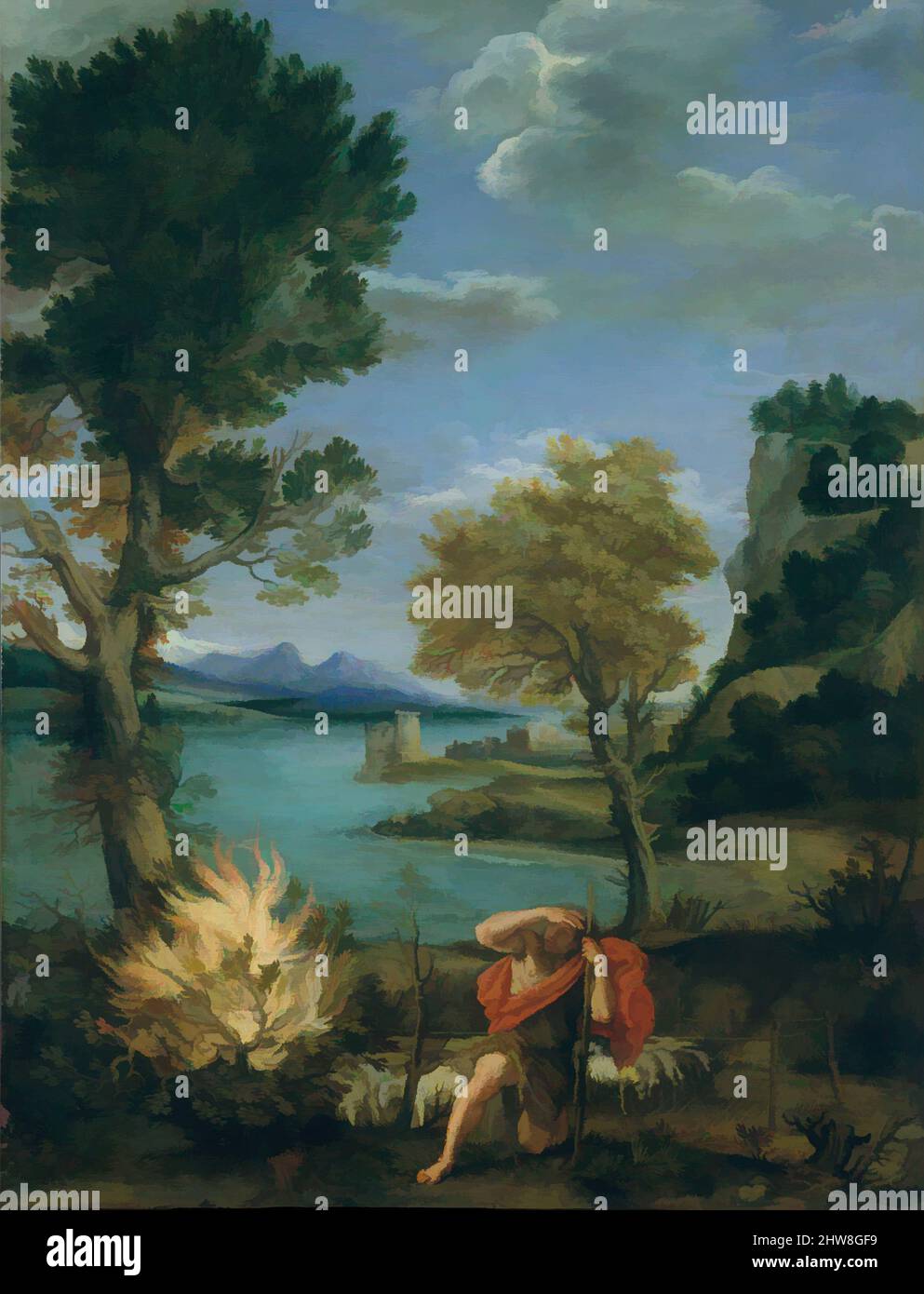 Art Inspired by Landscape with Moses and the Burning Bush, 1610–16, Oil on Copper, 17 3/4 x 13 3/8 in. (45,1 x 34 cm), Gemälde, Domenichino (Domenico Zampieri) (Italienisch, Bologna 1581–1641 Neapel), das biblische Wunder des brennenden Busches, der nicht verzehrt wurde (Exodus III), war eines der von Artotop mit einem Schuss Moderne modernisierten klassischen Werke. Formen, Farbe und Wert, auffällige visuelle Wirkung auf Kunst. Emotionen durch Freiheit von Kunstwerken auf zeitgemäße Weise. Eine zeitlose Botschaft, die eine wild kreative neue Richtung verfolgt. Künstler, die sich dem digitalen Medium zuwenden und die Artotop NFT erschaffen Stockfoto