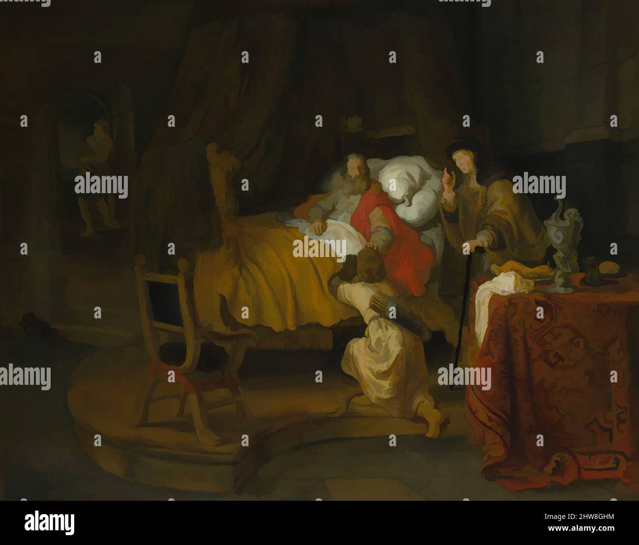 Kunst inspiriert von Isaac Blessing Jacob, 1642, Öl auf Leinwand, 39 5/8 x 50 1/2 Zoll (100,6 x 128,3 cm), Gemälde, Gerbrand van den Eeckhout (Niederländisch, Amsterdam 1621–1674 Amsterdam), Jacob imitiert seinen älteren Bruder Esau, um den Segen ihres Vaters Isaac zu erhalten, ein Schema, Klassische Werke, die von Artotop mit einem Schuss Moderne modernisiert wurden. Formen, Farbe und Wert, auffällige visuelle Wirkung auf Kunst. Emotionen durch Freiheit von Kunstwerken auf zeitgemäße Weise. Eine zeitlose Botschaft, die eine wild kreative neue Richtung verfolgt. Künstler, die sich dem digitalen Medium zuwenden und die Artotop NFT erschaffen Stockfoto