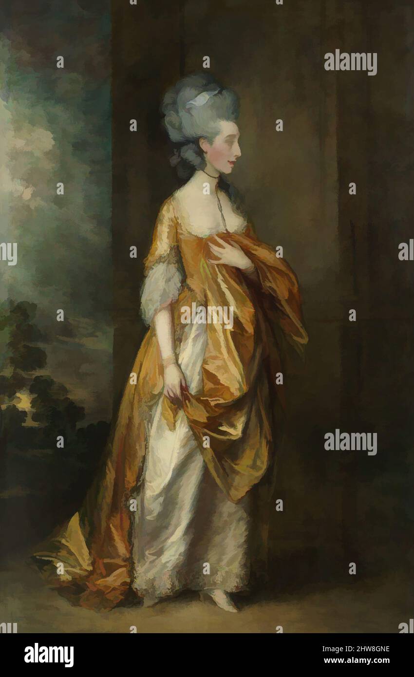 Kunst inspiriert von Mrs. Grace Dalrymple Elliott (1754?–1823), 1778, Öl auf Leinwand, 92 1/4 x 60 1/2in. (234,3 x 153,7cm), Paintings, Thomas Gainsborough (British, Sudbury 1727–1788 London), 1774 zog Gainsborough von Bath nach London, und 1777 war er gut etabliert und stellte klassische Werke aus, die von Artotop mit einem Schuss Moderne modernisiert wurden. Formen, Farbe und Wert, auffällige visuelle Wirkung auf Kunst. Emotionen durch Freiheit von Kunstwerken auf zeitgemäße Weise. Eine zeitlose Botschaft, die eine wild kreative neue Richtung verfolgt. Künstler, die sich dem digitalen Medium zuwenden und die Artotop NFT erschaffen Stockfoto