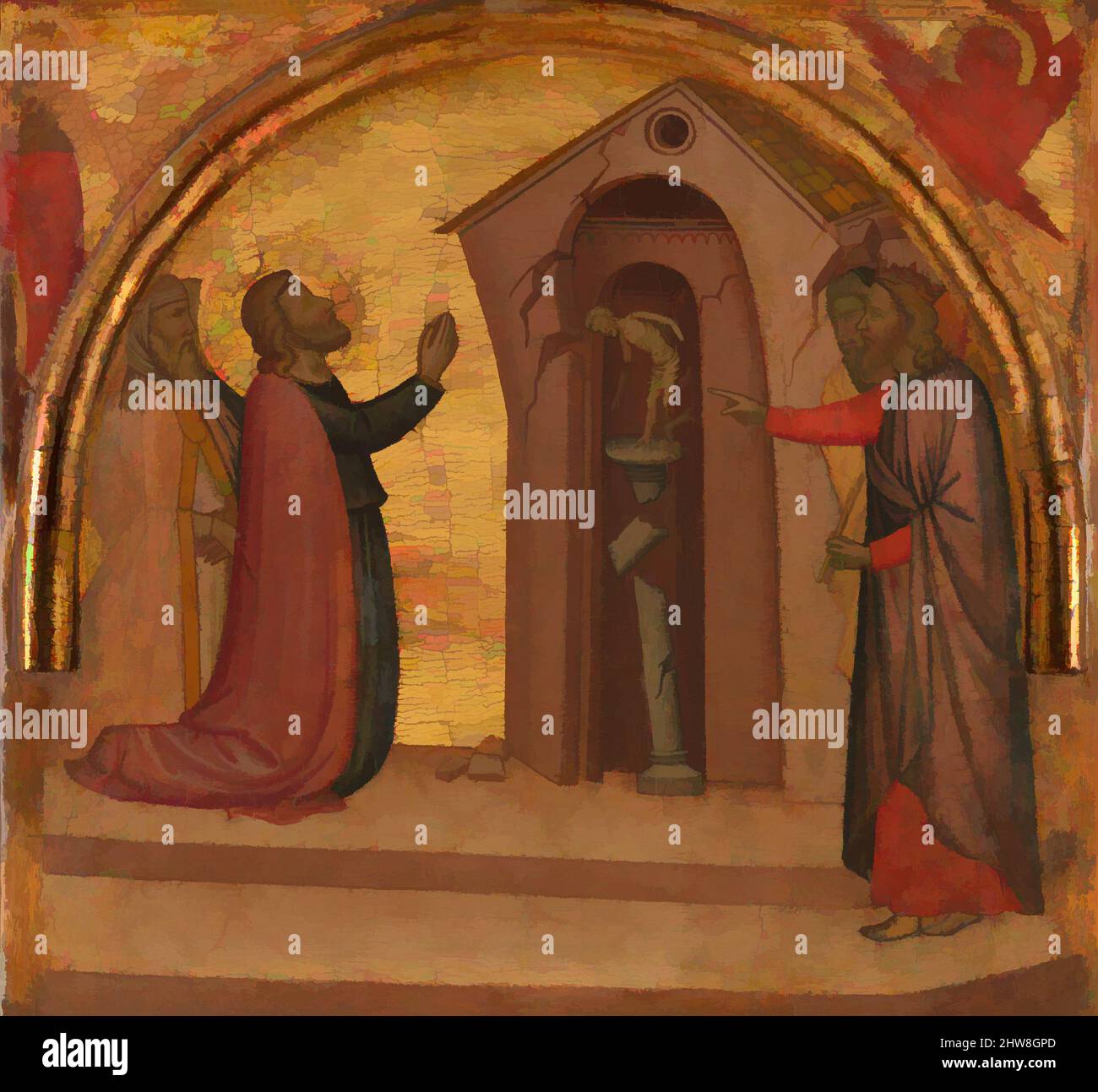 Kunst inspiriert von Johannes dem Evangelisten verursacht Zusammenbruch eines heidnischen Tempels, ca. 1370, Tempera auf Holz, goldgeschliffen, 14 1/8 x 15 1/4 Zoll (35,9 x 38,7 cm), Gemälde, Francescuccio Ghissi (Francesco di Cecco Ghissi) (Italienisch, Marchigian, aktiv 1359–74), diese drei bezaubernden Szenen, Klassische Werke, die von Artotop mit einem Schuss Moderne modernisiert wurden. Formen, Farbe und Wert, auffällige visuelle Wirkung auf Kunst. Emotionen durch Freiheit von Kunstwerken auf zeitgemäße Weise. Eine zeitlose Botschaft, die eine wild kreative neue Richtung verfolgt. Künstler, die sich dem digitalen Medium zuwenden und die Artotop NFT erschaffen Stockfoto