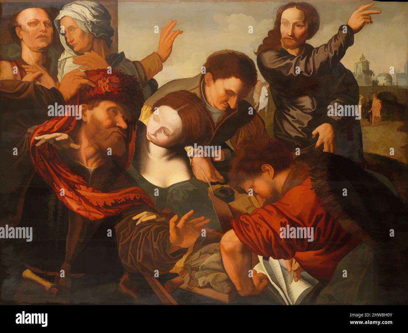 Kunst inspiriert von der Berufung von Matthew, Öl auf Holz, 43 7/8 x 59 1/2 Zoll (111,4 x 151,1 cm), Gemälde, Werkstatt von Jan Sanders van Hemessen (Niederländisch, aktiv von ca. 1524–gestorben ca. 1564), Van Hemessen ausgeführt mehrere Versionen dieses Gemäldes, das den Moment Matthew, Classic Works modernisiert von Artotop mit einem Spritzer der Moderne veranschaulicht. Formen, Farbe und Wert, auffällige visuelle Wirkung auf Kunst. Emotionen durch Freiheit von Kunstwerken auf zeitgemäße Weise. Eine zeitlose Botschaft, die eine wild kreative neue Richtung verfolgt. Künstler, die sich dem digitalen Medium zuwenden und die Artotop NFT erschaffen Stockfoto