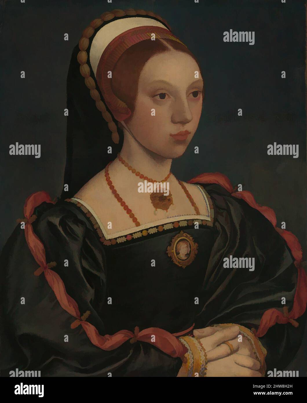 Kunst inspiriert von Portrait of a Young Woman, ca. 1540–45, Öl und Gold auf Eiche, 11 1/8 x 9 1/8 Zoll (28,3 x 23,2 cm), Gemälde, Werkstatt von Hans Holbein dem Jüngeren (Deutsch, Augsburg 1497/98–1543 London, Klassische Werke, die von Artotop mit einem Schuss Moderne modernisiert wurden. Formen, Farbe und Wert, auffällige visuelle Wirkung auf Kunst. Emotionen durch Freiheit von Kunstwerken auf zeitgemäße Weise. Eine zeitlose Botschaft, die eine wild kreative neue Richtung verfolgt. Künstler, die sich dem digitalen Medium zuwenden und die Artotop NFT erschaffen Stockfoto