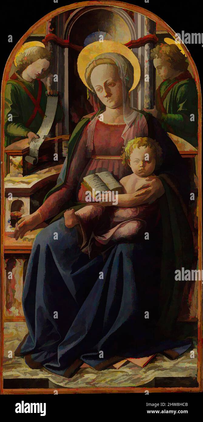 Kunst inspiriert von Madonna und Kind thront mit zwei Engeln, Tempera und Gold auf Holz, aus Holz übertragen, gewölbte Oberseite, 48 1/4 x 24 3/4 Zoll (122,6 x 62,9 cm), Gemälde, Fra Filippo Lippi (italienisch, Florenz ca. 1406–1469 Spoleto), die Jungfrau hält eine Rose als Braut Christi und ist, Klassisches Werk, das von Artotop mit einem Schuss Moderne modernisiert wurde. Formen, Farbe und Wert, auffällige visuelle Wirkung auf Kunst. Emotionen durch Freiheit von Kunstwerken auf zeitgemäße Weise. Eine zeitlose Botschaft, die eine wild kreative neue Richtung verfolgt. Künstler, die sich dem digitalen Medium zuwenden und die Artotop NFT erschaffen Stockfoto