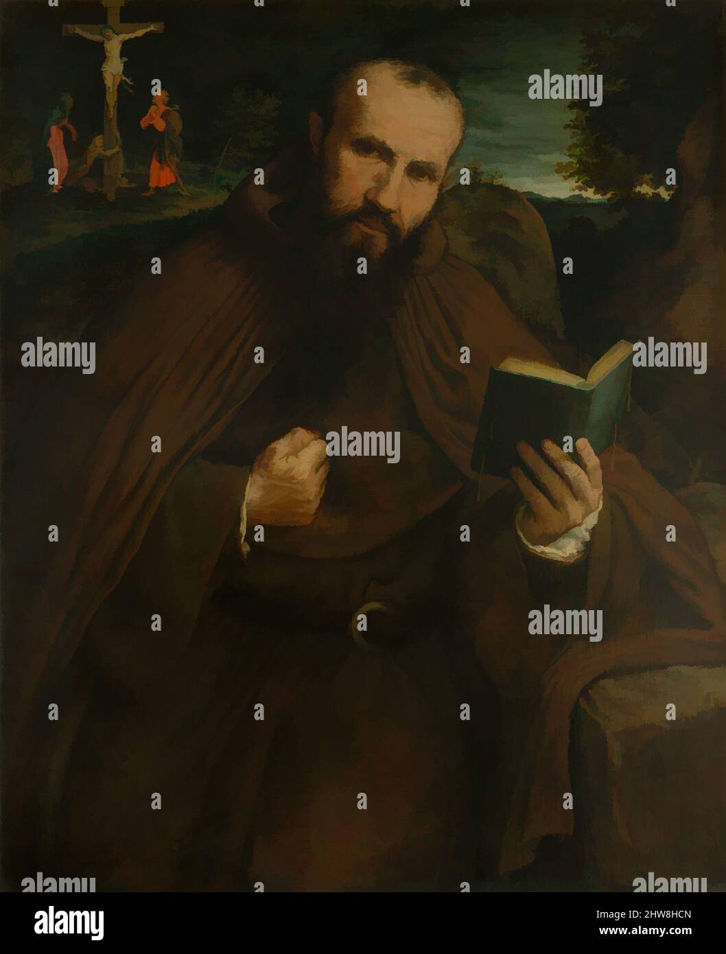 Kunst inspiriert von Bruder Gregorio Belo von Vicenza, 1547, Öl auf Leinwand, 34 3/8 x 28 cm (87,3 x 71,1 cm), Gemälde, Lorenzo Lotto (italienisch, Venedig ca. 1480–1556 Loreto), Fra Gregorio, ein Mitglied des Ordens der Hieronymiten oder der armen Eremiten des Heiligen Hieronymus, saß für den Künstler – wie, Klassisches Werk, das von Artotop mit einem Schuss Moderne modernisiert wurde. Formen, Farbe und Wert, auffällige visuelle Wirkung auf Kunst. Emotionen durch Freiheit von Kunstwerken auf zeitgemäße Weise. Eine zeitlose Botschaft, die eine wild kreative neue Richtung verfolgt. Künstler, die sich dem digitalen Medium zuwenden und die Artotop NFT erschaffen Stockfoto