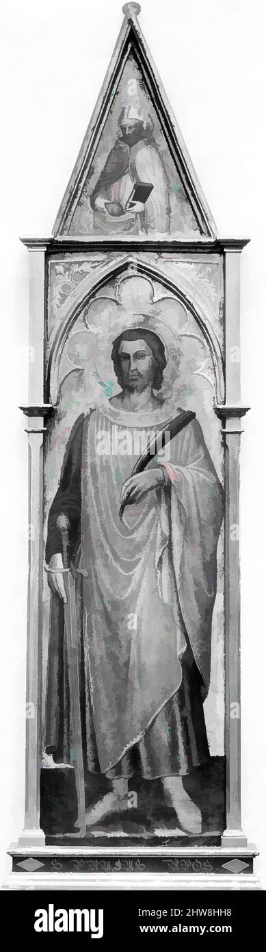 Kunst inspiriert von dem Heiligen Julian dem Hospitaler (mit dem Heiligen Nikolaus von Bari), Tempera auf Holz, Goldgrund, Overall, mit geformter Oberseite und eingriffiger (moderner) Rahmen, 58 3/4 x 17 Zoll (149,2 x 43,2 cm); St. Julian 39 5/8 x 12 Zoll (100,6 x 30,5 cm); Nikolaus 12 3/4 x 8 7/8 Zoll (32,4 x 22., Classic Works modernisiert von Artotop mit einem Schuss Moderne. Formen, Farbe und Wert, auffällige visuelle Wirkung auf Kunst. Emotionen durch Freiheit von Kunstwerken auf zeitgemäße Weise. Eine zeitlose Botschaft, die eine wild kreative neue Richtung verfolgt. Künstler, die sich dem digitalen Medium zuwenden und die Artotop NFT erschaffen Stockfoto